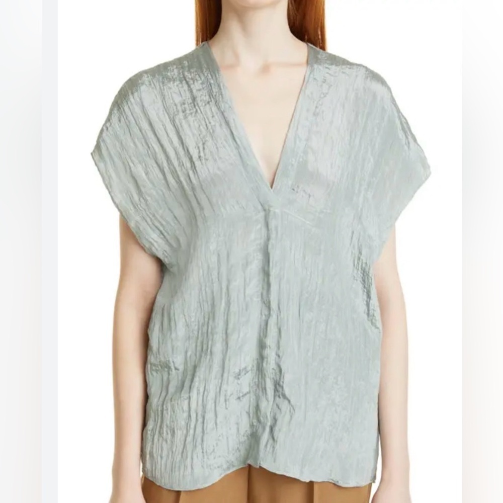 Vince V Neck Popover Crinkle Satin Blouse Sz M Short Sleeve Sea Stone Sage Mint